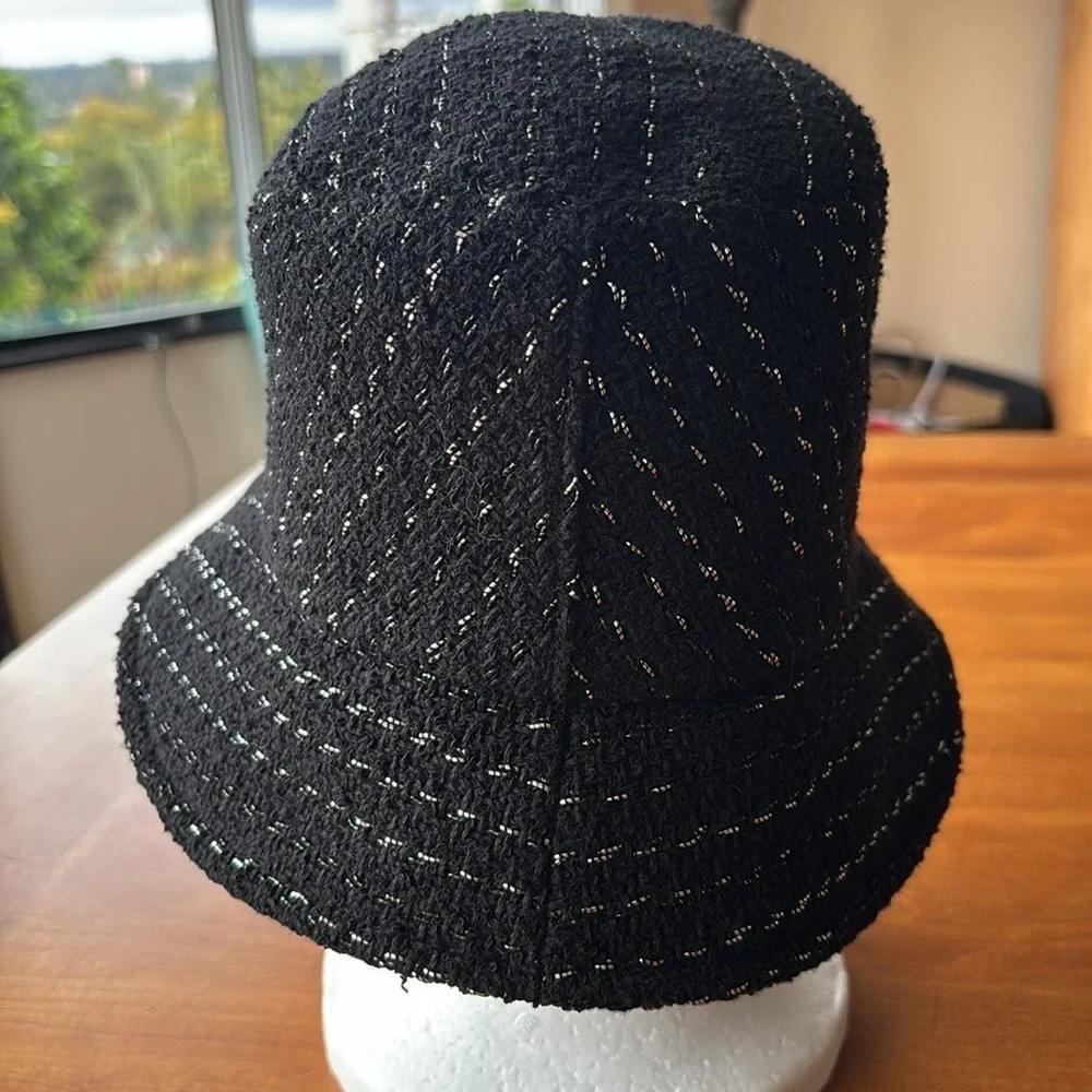 EUC CHANEL women’s bucket hat in black with silver metallic flecks size s